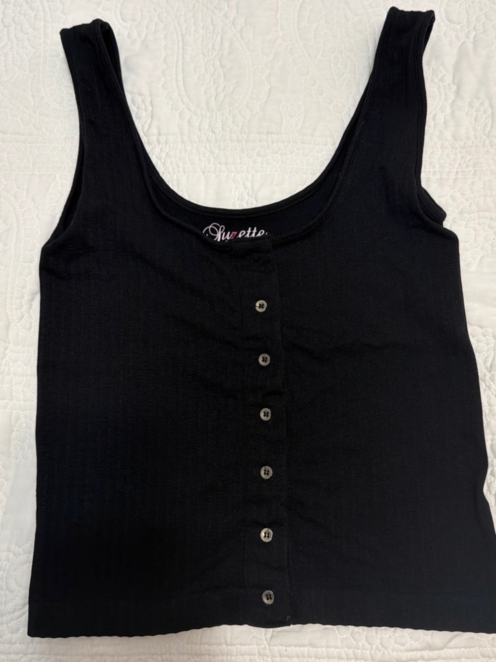 Black Ribbed Seamless Button Front Crop Tank Top O/S